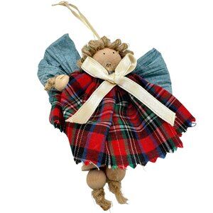 Handmade Plaid Spool Angel Ornament With Blue Wings Beige Bow For Holiday Decor